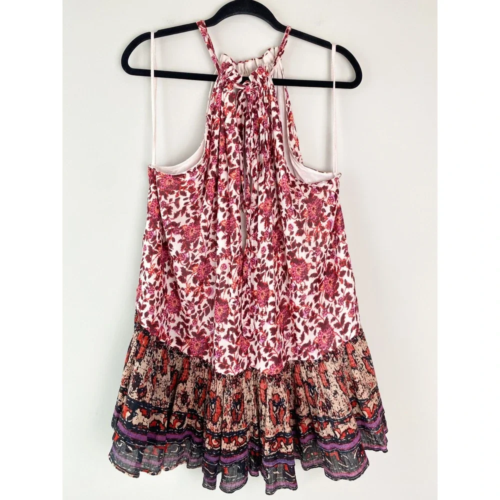 Free People Lyla Mini Swing Dress XS Pink Floral‎ Halter Neck Tiered Ruffle